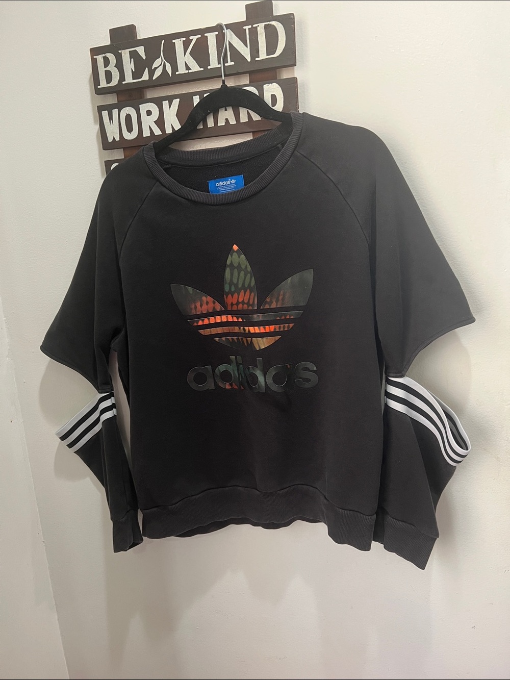 adidas Black Short-Sleeve Trefoil Sweatshirt with Multicolor Logo